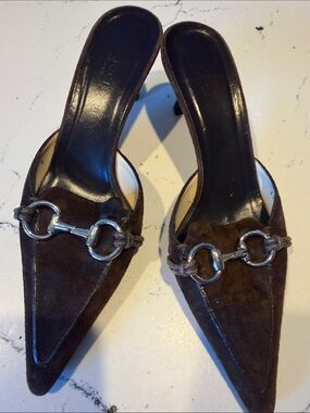 Gucci Dark Brown Suede Pointed Mule with Silver Horsebit. Great shape!